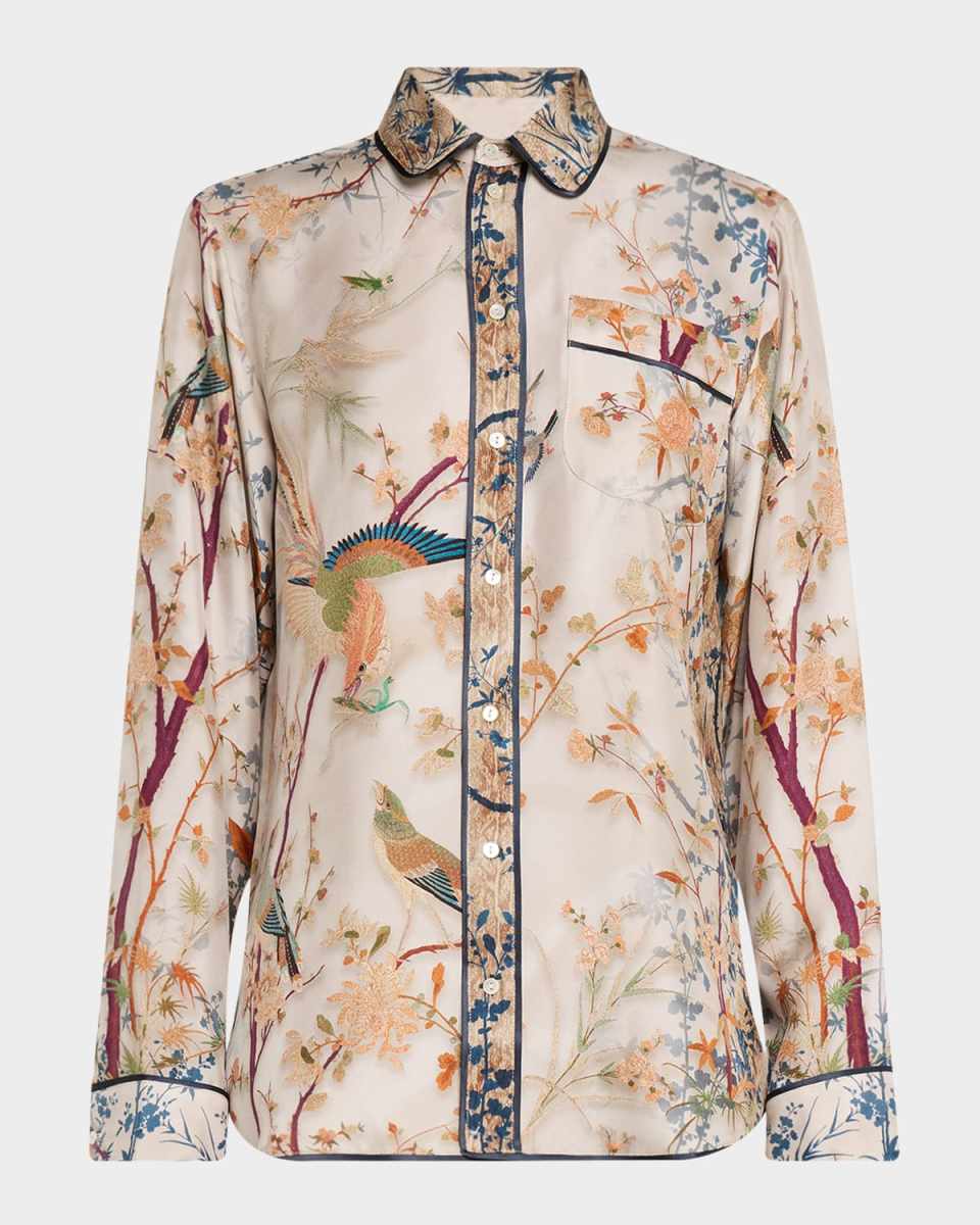 Floral & Bird-Print Silk Shirt